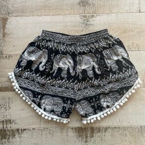 Black Elephant Print Pom Pom Shorts Women Stretch Waist Boho Beach Wear